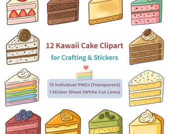 Pastel Kawaii - 12 imágenes PNG de postres + Hoja de pegatinas (Descarga digital)