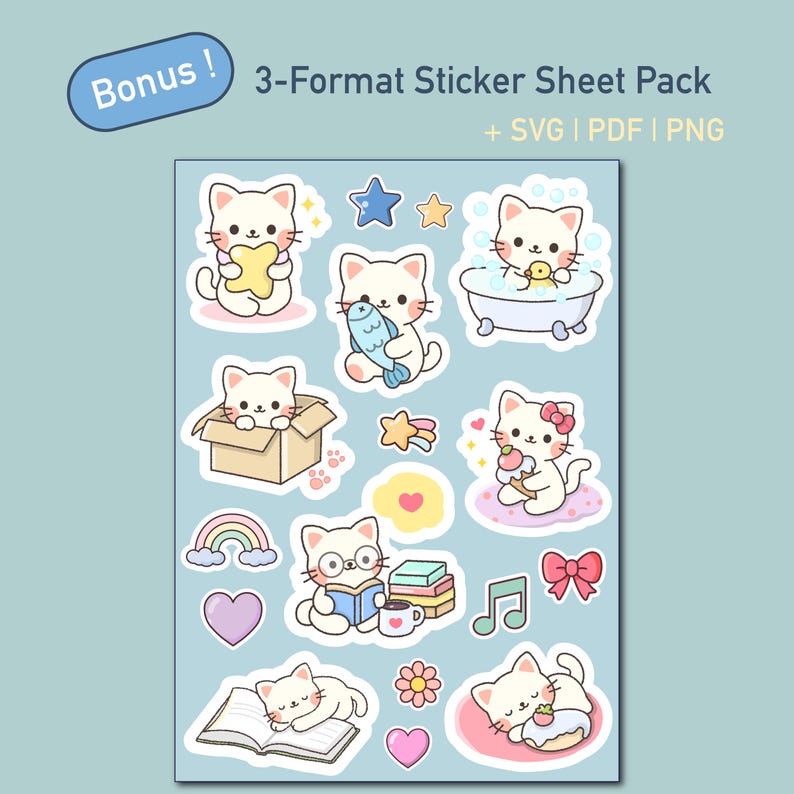 Kawaii Kitten Clipart & Printable Stickers – Pastel Cat Set (SVG, PDF ...