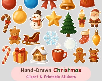 Hand-Drawn Christmas Clipart PNG | Holiday Stickers (Digital Download)