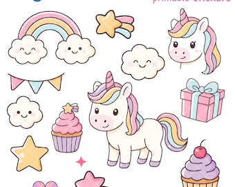 Puede incluir: Una colección de imágenes prediseñadas y pegatinas imprimibles con temática de unicornios. La imagen incluye un arcoíris, estrellas, nubes, cupcakes, una caja de regalo, un corazón, una varita y un unicornio con melena y cola de arcoíris. El texto dice "Magical Unicorn" y "Clipart & printable stickers."