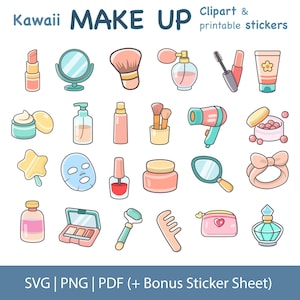 Può includere: Una collezione di clipart e adesivi stampabili per il trucco in stile kawaii. L'immagine presenta vari articoli cosmetici, tra cui rossetto, specchi, pennelli, flaconi di profumo, mascara, creme e smalto per unghie. Il testo "Kawaii MAKE UP" è in alto.