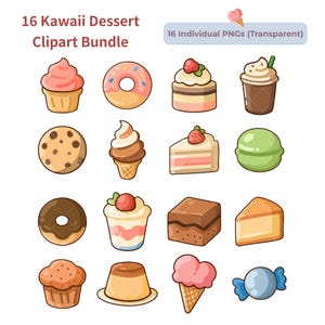 Kawaii Dessert Clipart Set: Cupcakes, Donuts, Ice Cream (16 PNG Illustrations)