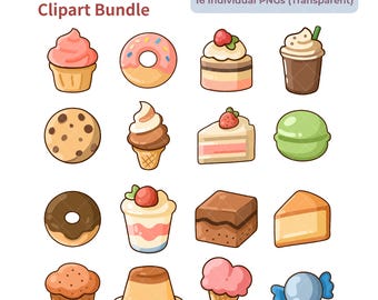 Kawaii Dessert Clipart Set: Cupcakes, Donuts, Ice Cream (16 PNG Illustrations)