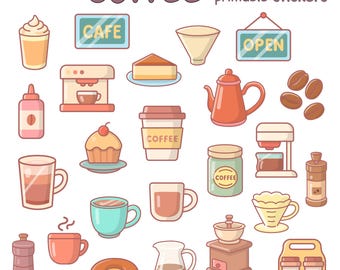 May include: A collection of kawaii-style coffee-themed clipart and printable stickers. The image includes various coffee-related items such as a coffee maker, cups, a teapot, coffee beans, a donut, and a sign that says "CAFE".