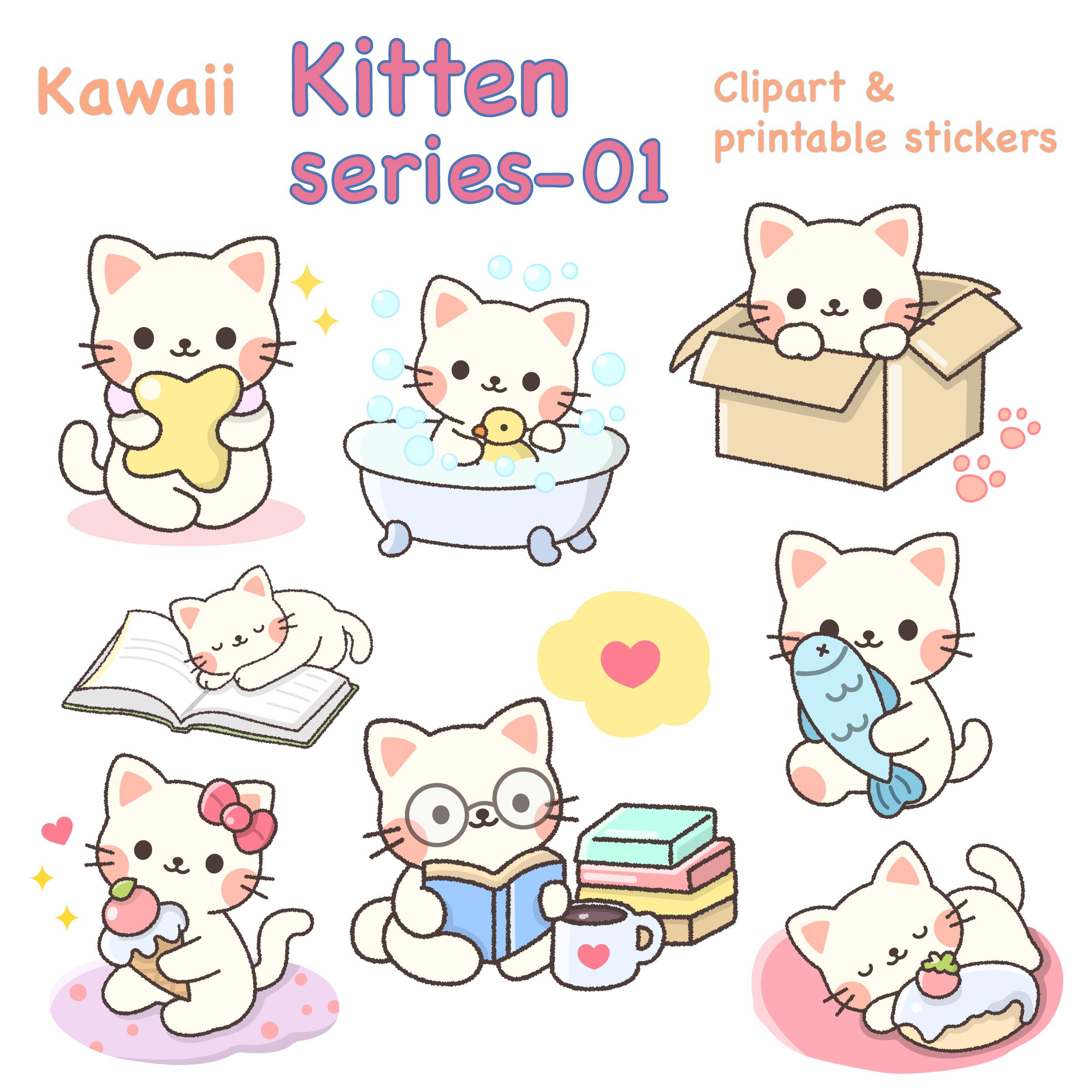 Kawaii Kitten Clipart & Printable Stickers – Pastel Cat Set (SVG, PDF ...