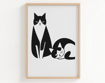 Minimalist Black Cat Illustration, Scandinavian Nursery Art (Digital Download)