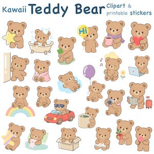 以下が含まれることがあります： 可愛いテディベアのクリップアートと印刷可能なステッカーのコレクション。薄茶色のクマが、星、風船、コーヒーカップなどのアイテムを持って、さまざまなポーズで描かれています。「Kawaii Teddy Bear」の文字が上部にあります。