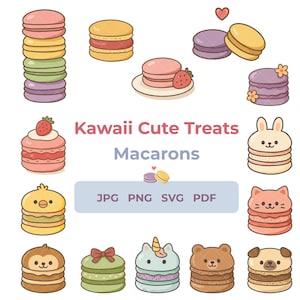 May include: A selection of cartoon macarons in various colours and designs, including stacks and character-themed treats. The image includes the text "Kawaii Cute Treats Macarons" and file type options.