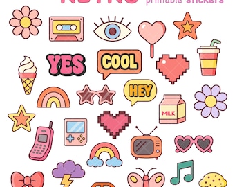 Clipart retro kawaii: iconos pastel vintage de los 90 (PNG, SVG, PDF)