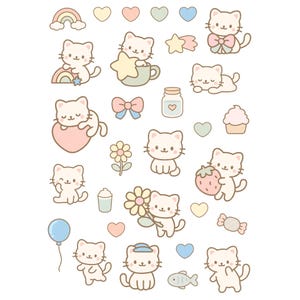 Puede incluir: Ilustraciones de gatos de dibujos animados en varias poses, sosteniendo objetos como una estrella, una flor y una fresa. La imagen incluye corazones, un arcoíris, una magdalena y un globo, todo en colores pastel.