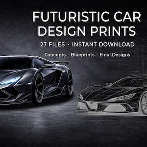 May include: Futuristic car design prints featuring two sleek vehicles. One is a detailed, dark gray sports car with sharp angles and bright headlights. The other is a blueprint-style sketch of a similar car. The image includes the text "FUTURISTIC CAR DESIGN PRINTS".