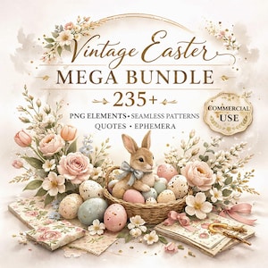 Vintage Oster Mega Bundle 235+ PNG | Aquarell Hasen, Eier, Floral, Seamless Pattern, Ephemera, Commercial Use Clipart für POD & Sublimation