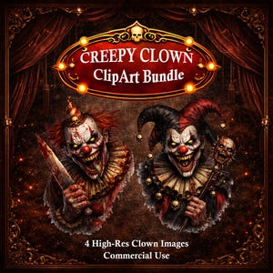 Könnte beinhalten: Ein digitales Kunstpaket mit zwei unheimlichen Clown-Illustrationen. Ein Clown hält ein blutiges Messer, der andere einen Stab mit Totenkopf. Der Text lautet "Creepy Clown Clipart Bundle" und "4 High-Res Clown Images Commercial Use."