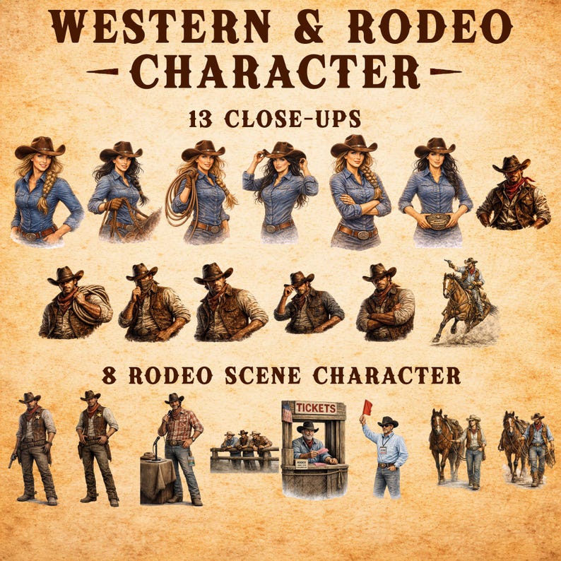 Classic Rodeo Characters Western & Rodeo Illustration Mega Bundle | 200+ PNG Elements | Cowboy ...