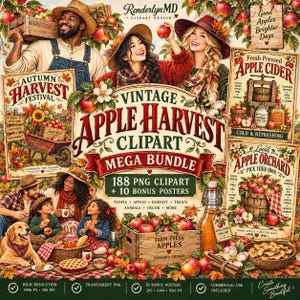 Puede incluir: Un conjunto de gráficos digitales titulado Vintage Apple Harvest Clipart Mega Bundle que incluye ilustraciones de personas, manzanas, escenas de cosecha y decoración de granja. Contiene 188 archivos PNG y 10 pósteres con texto.