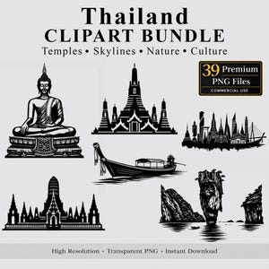 Paquete de imágenes prediseñadas de Tailandia: templos, paisajes urbanos e ilustraciones de la naturaleza.