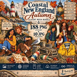 Könnte beinhalten: Eine digitale Kunstsammlung mit dem Titel Coastal New England Autumn Clipart Mega Bundle mit 188 PNG- und 10 JPG-Dateien. Das Bild zeigt einen Leuchtturm, ein Paar, eine Familie, eine Möwe, Muscheln und eine gelbe Jacke mit einem Ankersymbol.