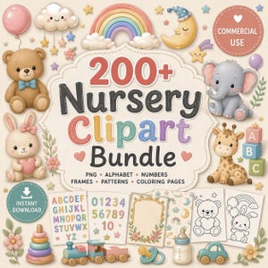 Könnte beinhalten: Ein digitales Clipart-Bundle mit einem Kinderzimmer-Thema. Das Bild zeigt eine Vielzahl von niedlichen Illustrationen, darunter ein Teddybär, ein Hase, ein Elefant, eine Giraffe, ein Regenbogen, ein Mond, Sterne, Alphabet, Zahlen, Rahmen, Muster und Malvorlagen.
