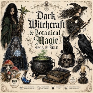 Könnte beinhalten: Eine digitale Grafiksammlung mit dem Titel Dark Witchcraft & Botanical Magic Mega Bundle mit Illustrationen von Hexen, einer schwarzen Katze auf einem Schädel, einem Raben, einem Kessel mit grünem Rauch, Pilzen und Zauberbüchern.