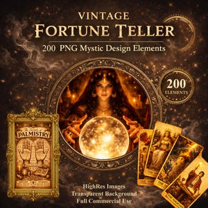 Könnte beinhalten: Vintage-Stil Digital-Artwork mit dem Text "VINTAGE FORTUNE TELLER" und "200 PNG Mystic Design Elements". Das Bild zeigt eine Frau, eine Kristallkugel, Tarotkarten und eine Handlesetafel.