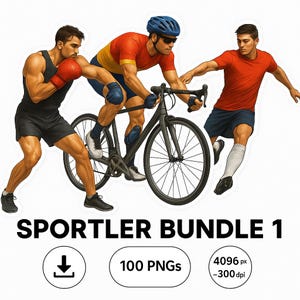 Könnte beinhalten: Digitale Illustration von drei Sportlern: einem Boxer mit roten Handschuhen, einem Radfahrer auf einem schwarzen Fahrrad und einem Fußballspieler. Das Bild enthält den Text "SPORTLER BUNDLE 1" sowie "100 PNGs" und Auflösungsdetails.