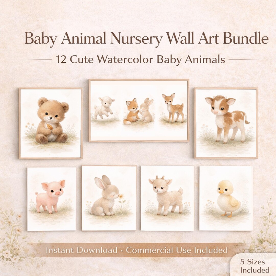 Baby Animal Clipart Style Nursery Wall Art Bundle | 12 Watercolor Baby ...
