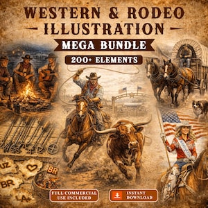 Könnte beinhalten: Digitale Illustration mit Western- und Rodeo-Thema. Das Bild zeigt Cowboys, Pferde, einen Bullen und eine amerikanische Flagge. Der Text lautet "WESTERN & RODEO ILLUSTRATION - MEGA BUNDLE - 200+ ELEMENTS".
