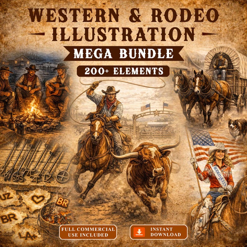 Western & Rodeo Illustration Mega Bundle | 200+ PNG Elements | Cowboy ...