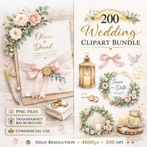 Könnte beinhalten: Ein digitales Hochzeits-Clipart-Paket mit floralen Arrangements, Einladungsdesigns und dekorativen Elementen. Enthält eine Hochzeitseinladung mit den Namen "Olivia & David" und dem Datum "17. August 2024". Das Paket enthält auch eine Laterne, Ringe und ein "Save the Date"-Design.