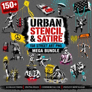 May include: A digital collection of 150+ street art graphics featuring stencil-style illustrations of figures, a traffic light, a yellow peace flag, a sardine can, a gas mask, and various urban motifs with text reading Urban Stencil & Satire.