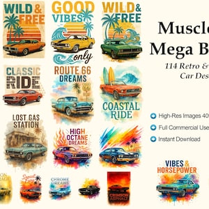 Könnte beinhalten: Eine Sammlung von Retro- und Vintage-Autodesigns mit Texten wie "Burnout Dream" und "Good Vibes". Die Bilder zeigen klassische Autos in verschiedenen Farben, mit Palmen und Meereswellen.