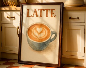 Kitchen Art Print, Barista Style, Latte Coffee, Cafe Illustration (Digital Download)