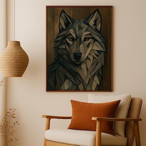 Ingelijste muurkunst met abstracte wolf: abstract geometrisch wolvenportret, vintage dierencanvas, rustieke boerderijcanvas, cadeau