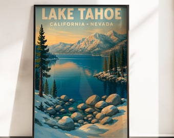 Lake Tahoe Ski Poster | Vintage Travel Print | California Nevada Lake Wall Art