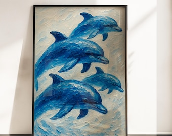 Aquarelprint blauwe dolfijn: kunst aan de muur kust zeeleven (digitale download)