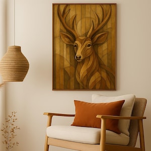 Framed Wall Art With Abstract Deer: Abstract Geometric Deer Portrait, Vintage Animal Canvas, Rustic Farmhouse Canvas Print, Gift