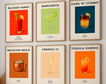 Retro Cocktail Art Print Set, Minimalist Bar Decor (Digital Download)