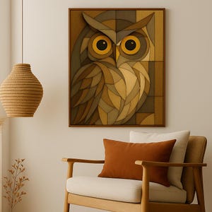 Framed Wall Art With Abstract Owl: Abstract Geometric Owl Portrait, Vintage Animal Canvas, Rustic Farmhouse Canvas Print, Gift
