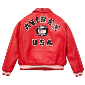 Red Avirex USA Military Bomber Jacket Genuine Cowhide Leather Varsity Biker Jacket Men&#39;s Avirex Leather jacket Christmas Gift for him