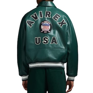 AVIREX USA Edition Icon Jacket In Green Color Military Bomber Jacket Men&#39;s Bomber Jacket Original Leather Jacket For Him Gift For Him