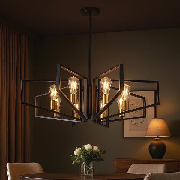 Modern Geometric Chandelier – Black & Gold Industrial Ceiling Light for Dining Room or Living Room