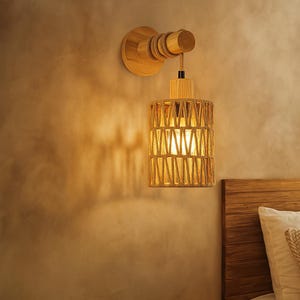 Rattan Wall Sconce – Boho Natural Woven Light Fixture for Bedroom, Living Room or Hallway Decor
