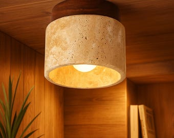 Natural Travertine Stone Flush Mount Ceiling Light – Wood Base, Minimalist Lamp