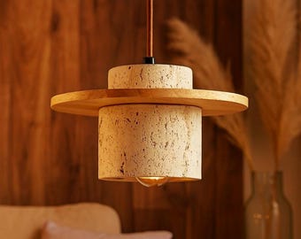 Japanese Stone Pendant Light, Natural Wood Ceiling Lamp, Wabi Sabi Home Decor