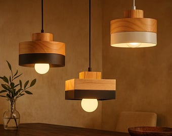Lampe à suspension en bois et métal - Lampe à suspension minimaliste nordique