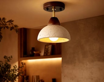 Travertine & Wood Ceiling Light – Minimalist Japanese Nordic Lamp, Natural Stone Flush Mount