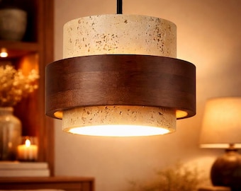 Lámpara colgante tipo farol japonés: Lámpara de techo de nogal y travertino