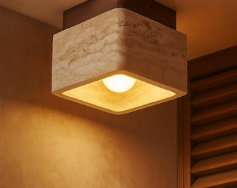Travertine Stone Ceiling Light, Natural Stone & Wood Flush Mount Lamp, Modern Minimalist
