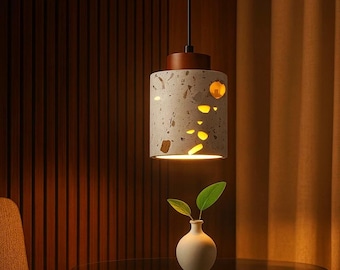 Terrazzo Stone Wood Pendant Light, Japandi Minimalist Hanging Lamp, Modern Kitchen Decor