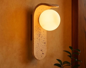 Wabi Sabi Travertine Wall Light – Natural Stone Sconce with Glass Globe | Modern Minimalist